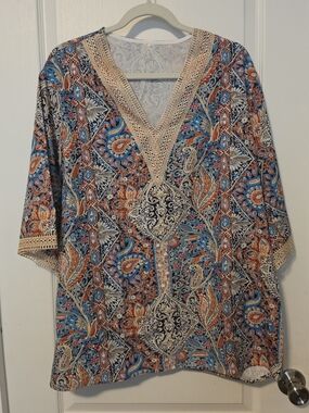 Boho Paisley V-Neck Tunic in Blue & Rust